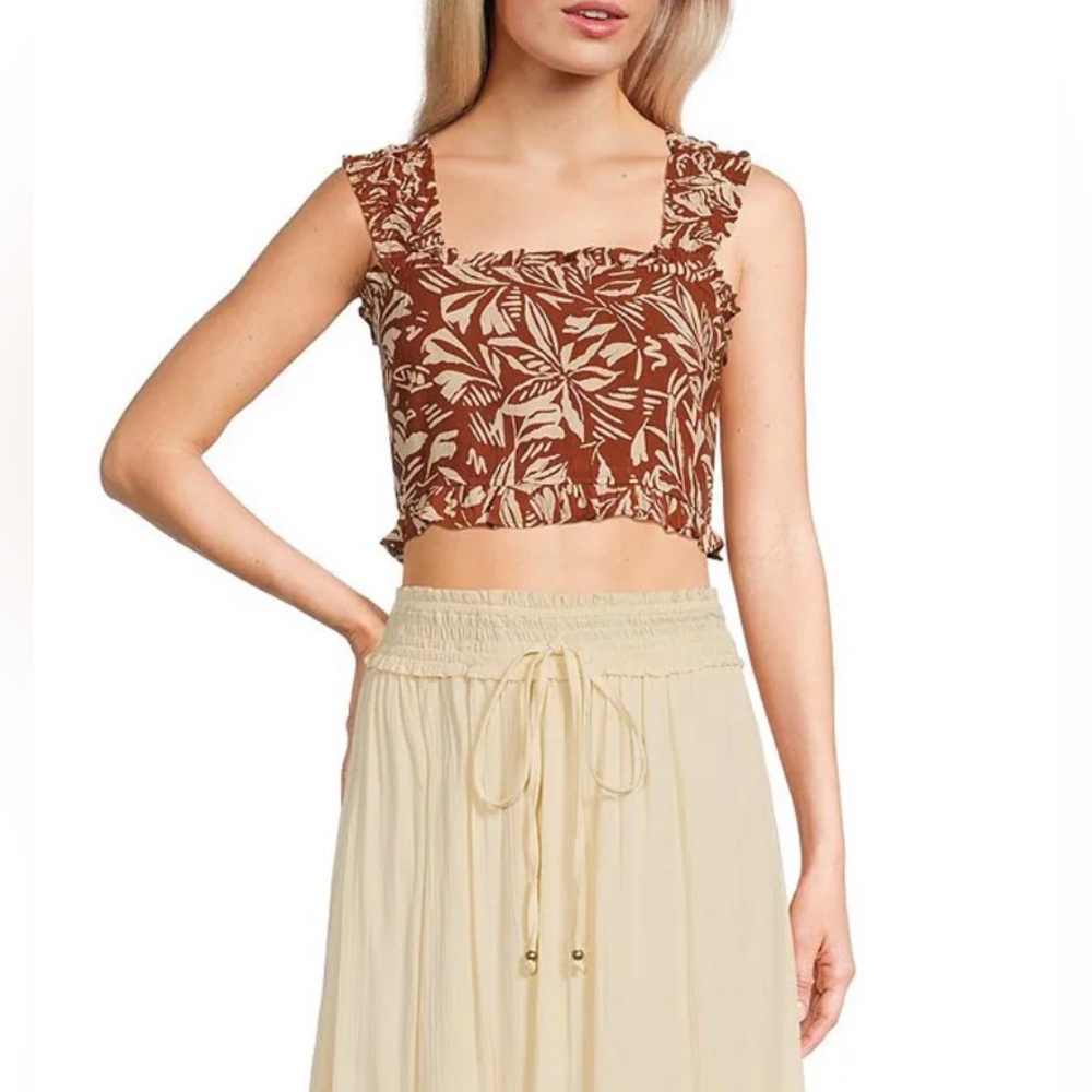 NWT Angie Boho Tropical Brown Leaf Print Crop Top Sz S & M Casual Resort Summer